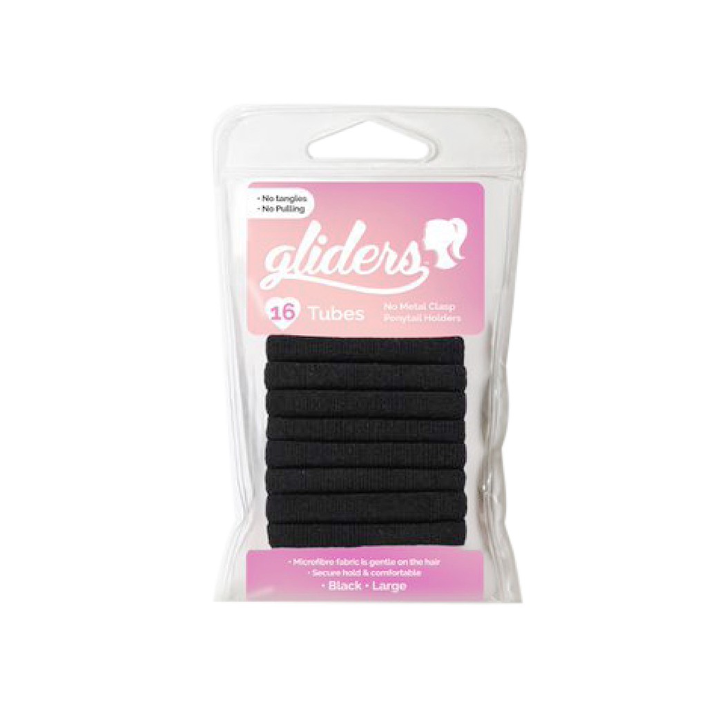 Bộ 16 dây cột tóc Tubes Gliders đen, không mối nối kim loại, co giãn tốt, êm chân tóc, giảm gãy rụng khi cột