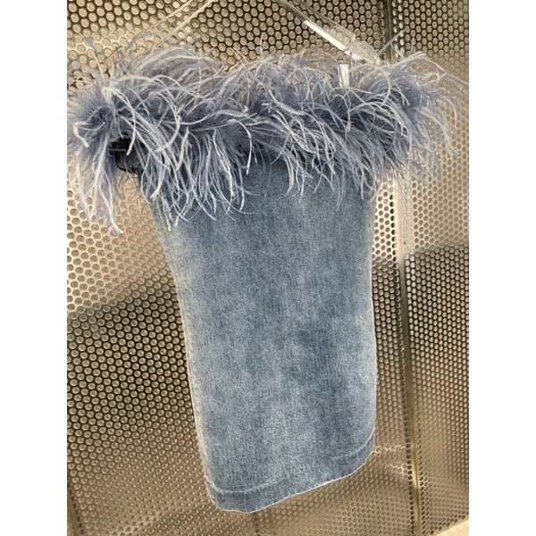 Đầm jeans ôm chễ vai tua rua sexy thương hiệu YSL cao cấp