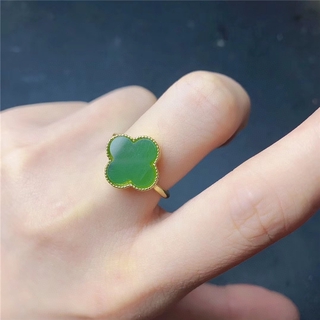 [7 Màu Sắc] Nhẫn Jasper Cỏ Bốn Lá Bằng Đồng Trắng Đen Khảm Đá Live Mouth Y1241