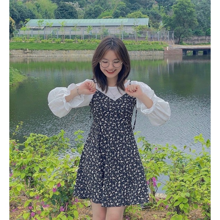 ❤️SET áo voan trắng + yếm hoa nhí đen tiểu thư MeiHome🥰