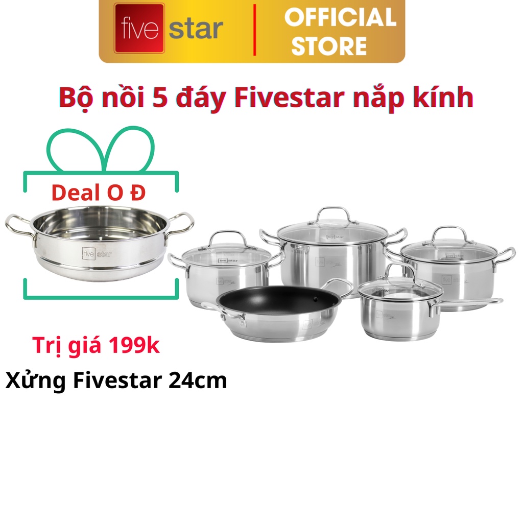 Bộ Nồi 5 Đáy Inox 304 Cao Cấp Bếp Từ Fivestar Plus FPB55D001 Nắp Kính , hàng chính hãng , bảo hành 25 năm
