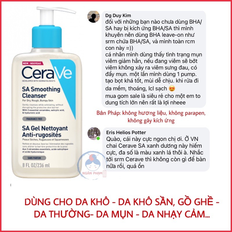 [Bill Pháp - 236ml] Sữa rửa mặt Cerave SA Cleanser làm sạch sâu, giảm mụn