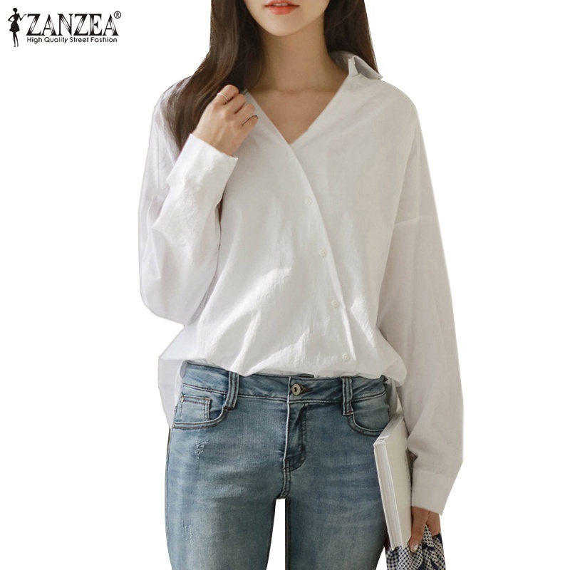 Áo sơ mi ZANZEA OL cổ chữ V gập xuống có nút cài phía trước kiểu may ghép mảnh độc đáo cho nữ