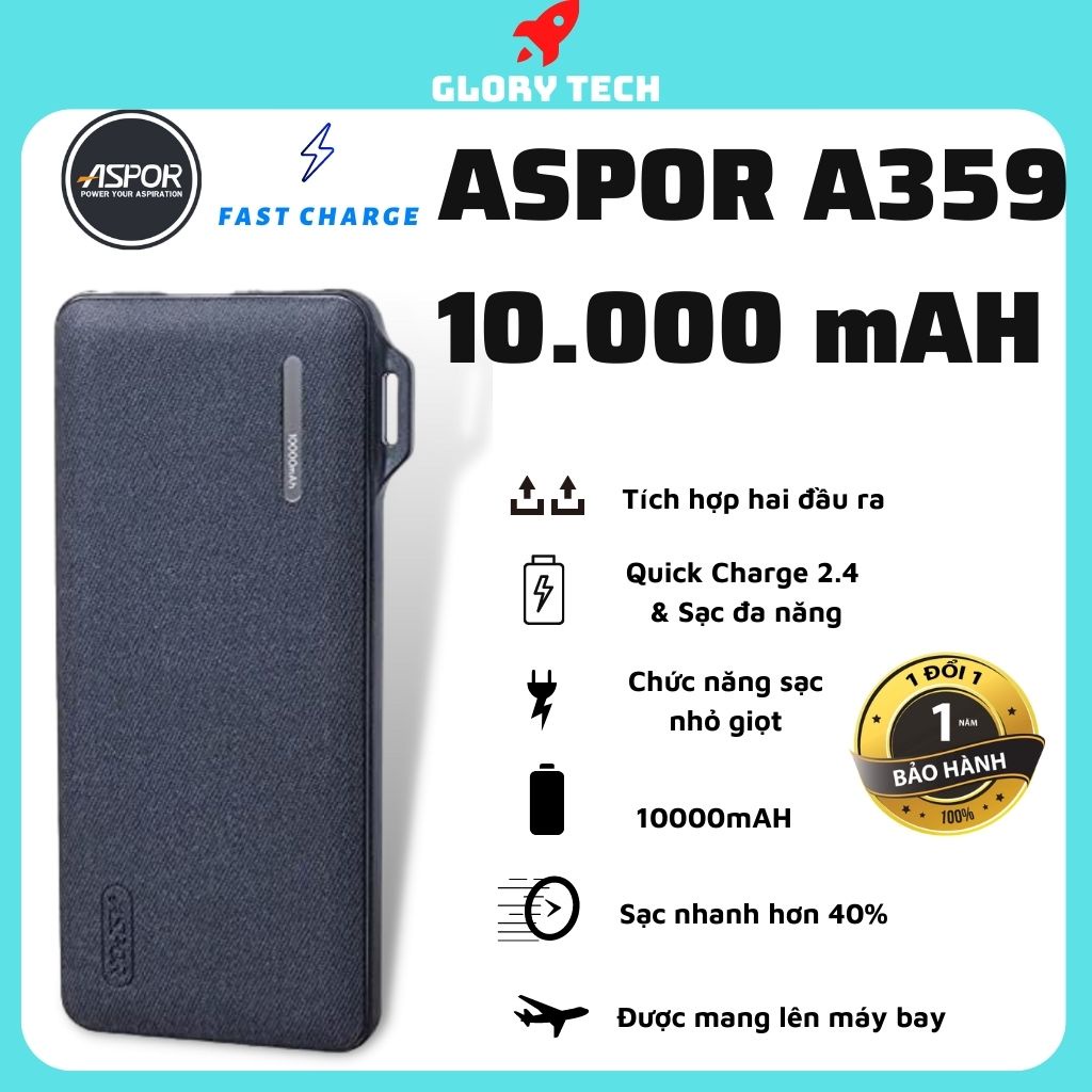 ⚡️BẢO HÀNH 12 THÁNG⚡️Pin dự phòng ASPOR A359 2 cồng + 10.000mAh - Tích hợp sạc nhanh 37W