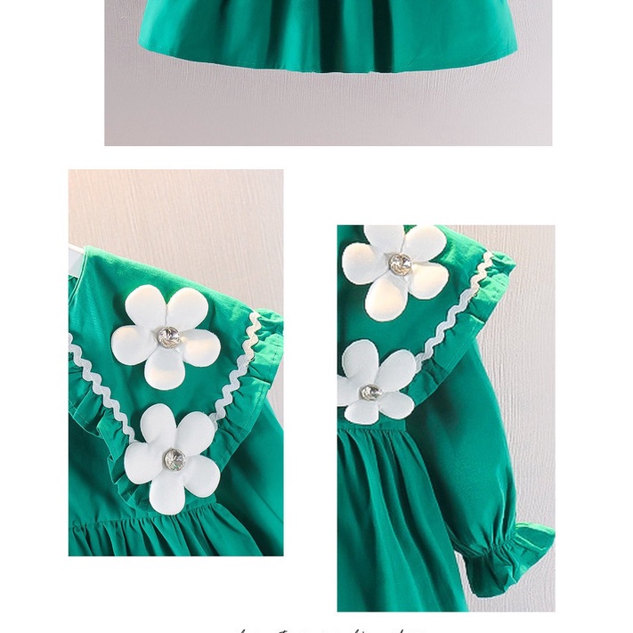 Váy đầm dài tay bé gái cổ bèo đính hoa dễ thương