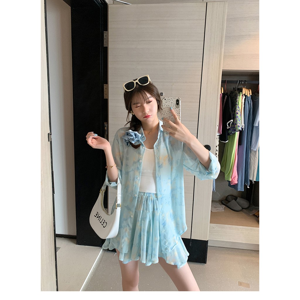 Set áo sơ mi+quần short giả váy 3049