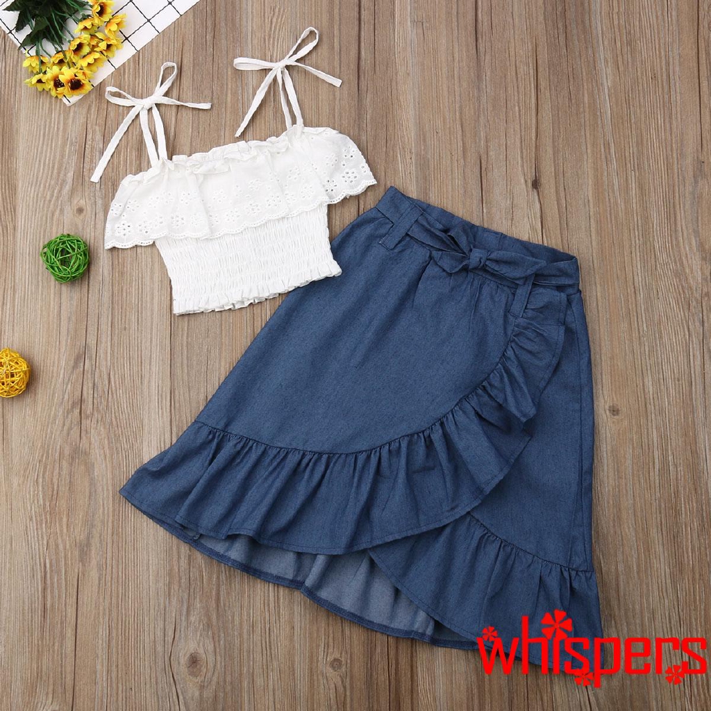 Set áo xòe hai dây + chân váy jeans xinh xắn dành cho bé gái