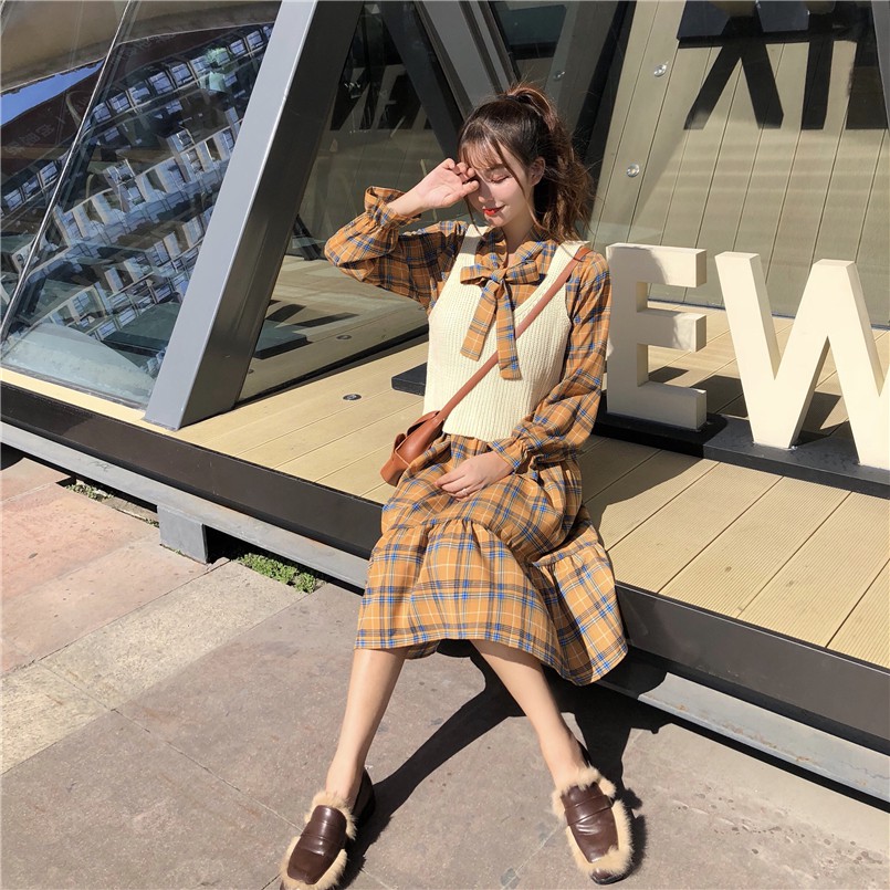 Set đầm nơ kẻ dài tay ulzzang - u.w
