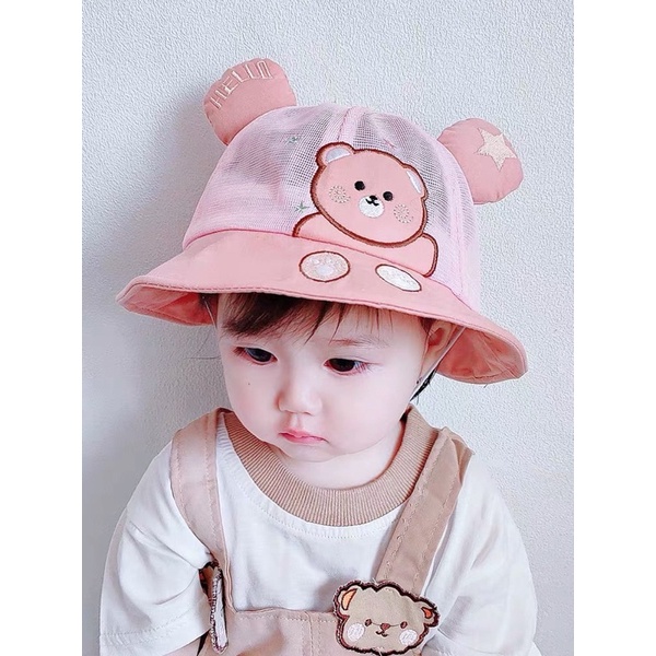 Mũ cho bé trai bé gái vành tròn thêu gấu vẫy tay tai hello dễ thương , phù hợp 4 tháng - 3 tuổi