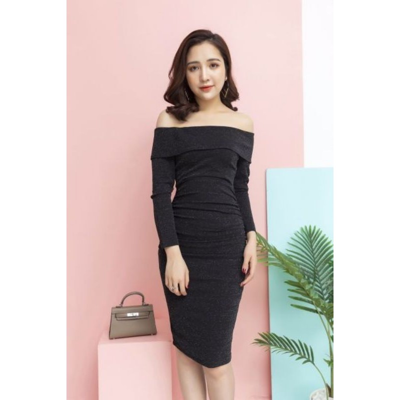 Đầm Body Nhũ Kim Tuyến (Size S-M-L-XL) trễ vai tay dài HÀNG THIẾT KẾ