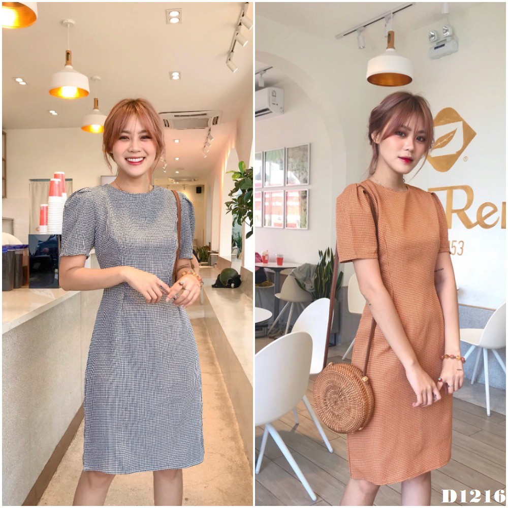 D1216 Đầm caro đen đỏ nâu