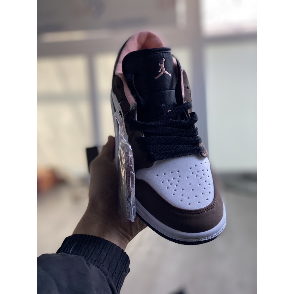 Giày Jordan 1 Low Brown Nâu Trắng Cổ Hồng Cao Cấp Fullbox, Giày thể thao jordan 1 cổ thấp nâu hồng, da nhăn, cực êm chân