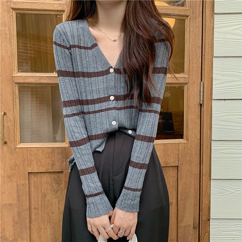 Áo Khoác Cardigan Dệt Kim Mềm Mại Tay Dài Cổ Chữ V Họa Tiết Kẻ Sọc Phong Cách Hàn Quốc Thời Trang Mùa Thu