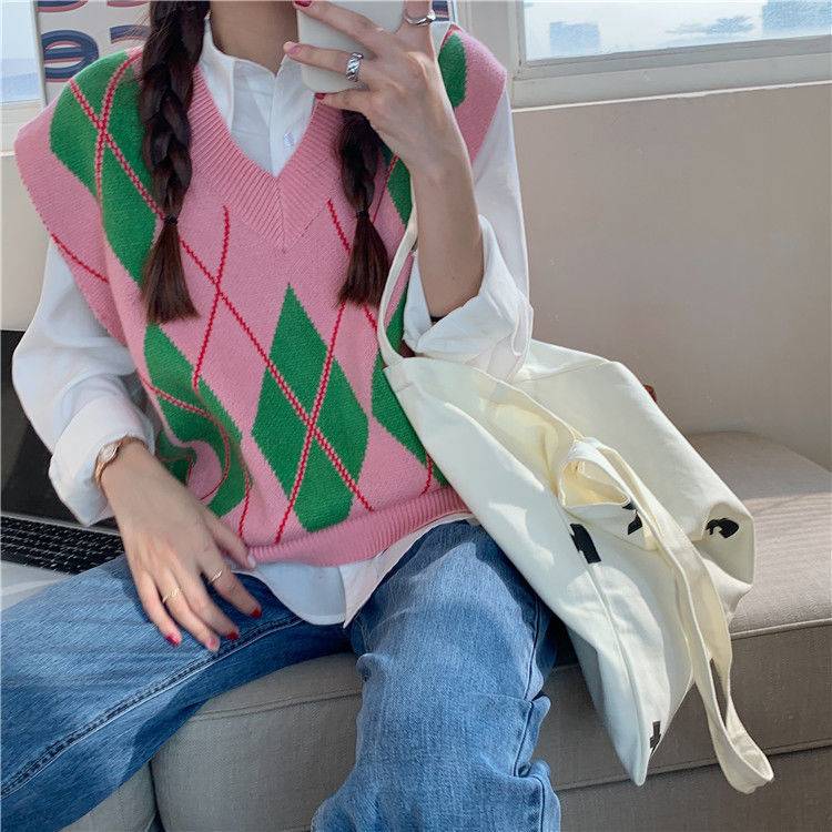 Áo gile len họa tiết hình học đơn giản thời trang phong cách Hàn Quốc