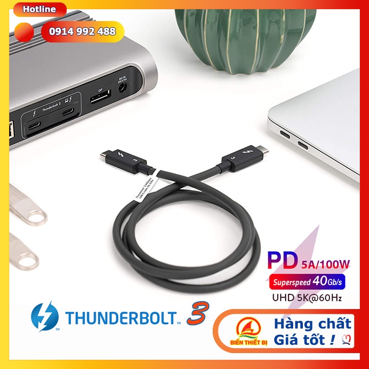 Cáp Thunderbolt 3 dài 1m xuất hình ảnh Ultra HD 5K 4K@60Hz tốc độ 40Gbps sạc 5A/100W Power Delivery.