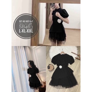Set Bigsize pelum vạt xéo + chân váy lưới cài tag hoa 55-90kg