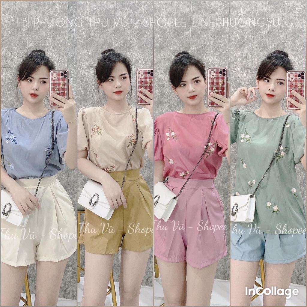 Set bộ lụa đũi 4 màu áo cổ tròn tay bồng thêu hoa +quần sooc cạp cao chun sau phối màu siêu đẹp (Ảnh thật tự chụp)