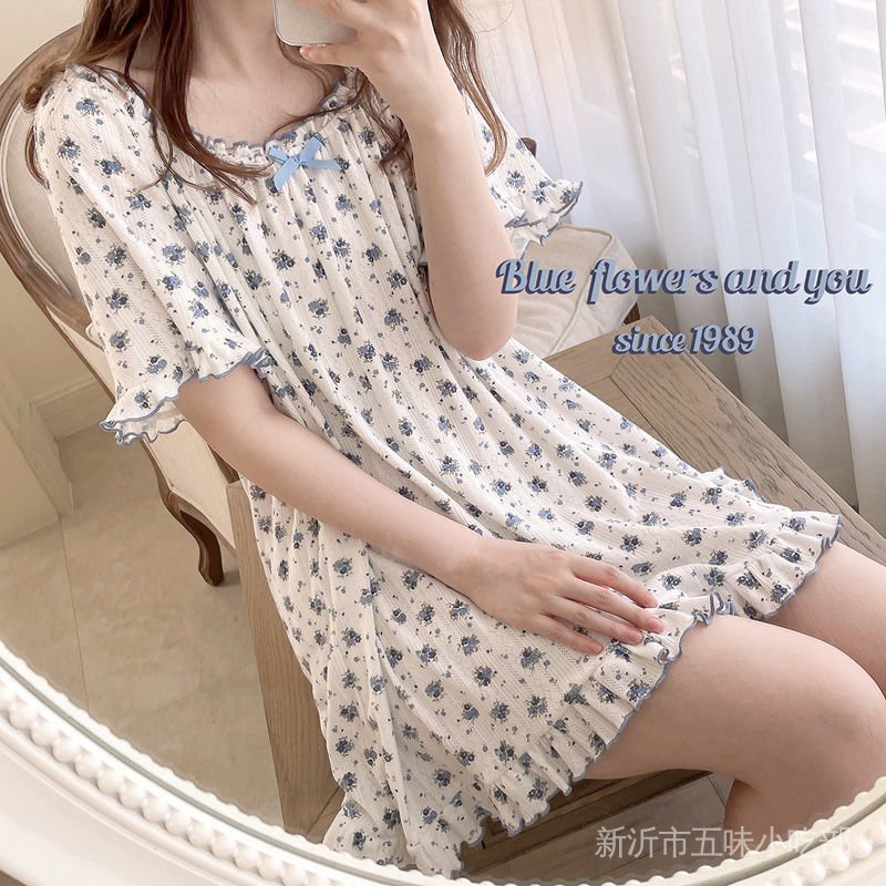 Đầm Ngủ Tay Ngắn Dáng Rộng In Họa Tiết Hoa Dễ Thương Thời Trang Mùa Hè Cho Nữ
