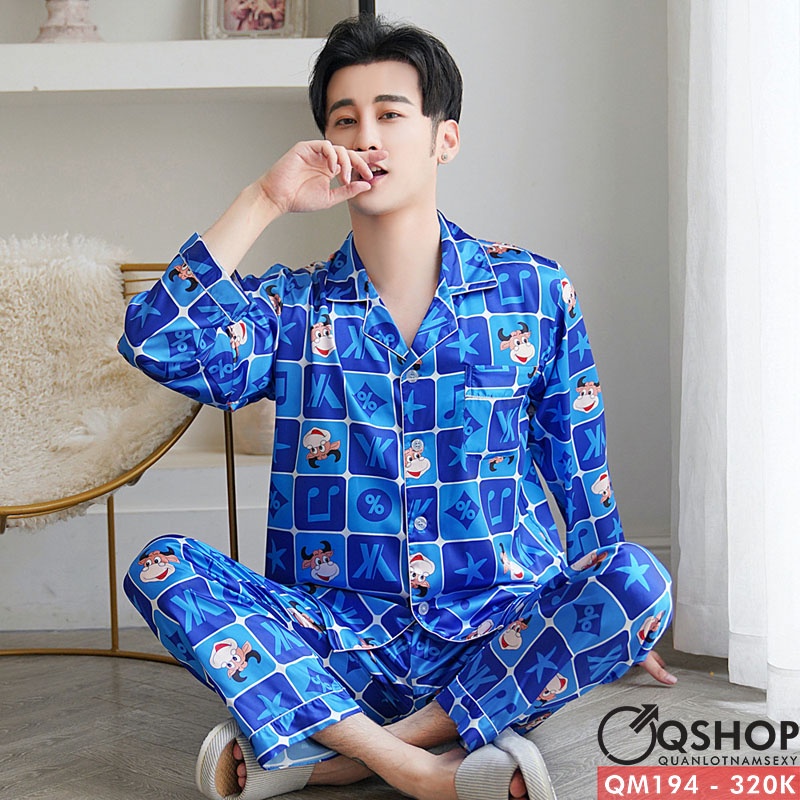 Bộ pijama nam lụa satin mềm mặc nhà mặc ngủ sang trọng thoải mái QM196 QM505