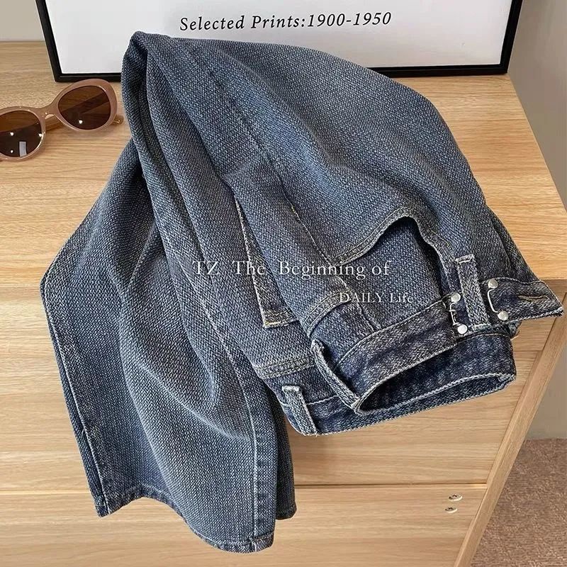 Quần denim RENJIANVSHENG dáng dài ống rộng phong cách Hàn Quốc