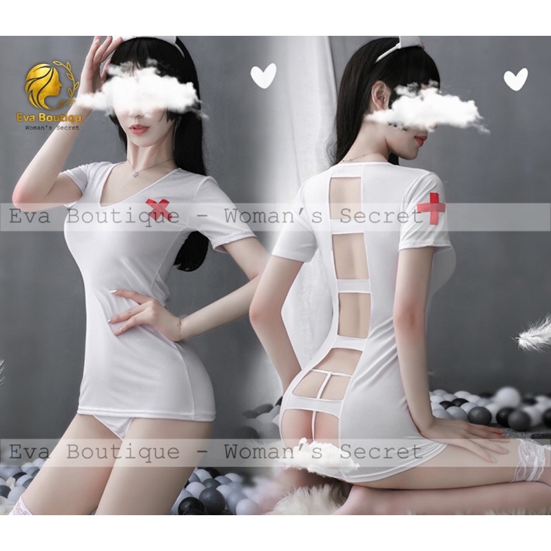 _DN24_Bộ cosplay y tá trắng thun co giãn hở lưng