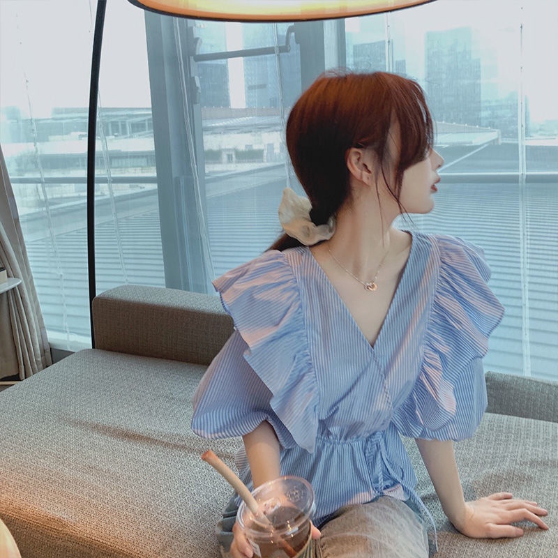 Áo Sơ Mi Ngắn Tay Xù Lông 156478 Áo Sơ Mi Dáng Rộng Cổ Chữ v Kẻ Sọc Xanh Lam Thắt Nơ Eo Trẻ Trung