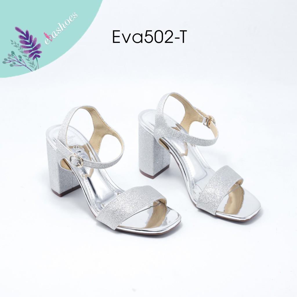 [Mã BMBAU50 giảm 50K đơn 150K] Sandal Cao Gót Quai Ngang Đế Vuông Da Kim Tuyến 7cm Evashoes - Eva502-T