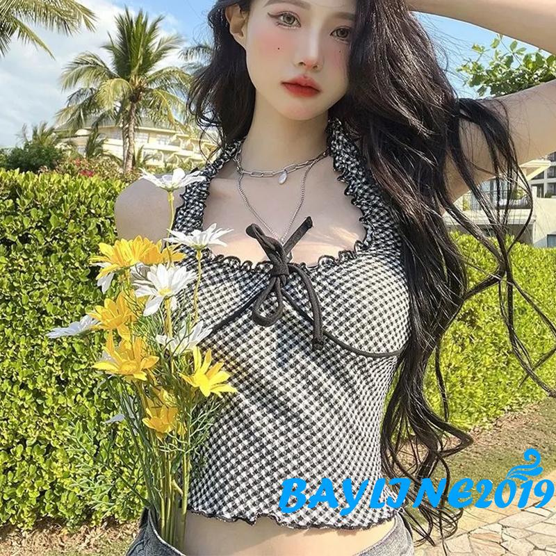 Bay-Women Summer Crop Tops, Halter Plaid Printed Bow-Knot Ruffled Short Tops, Ladies Slim Navel Vest