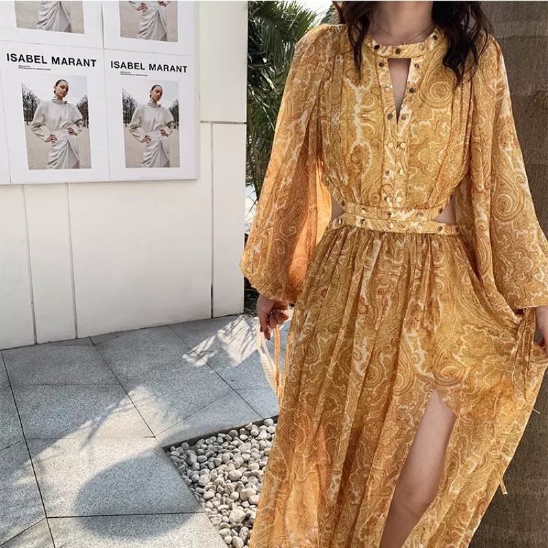 Đầm maxi BOHO vàng khoét eo cao cấp- ORD