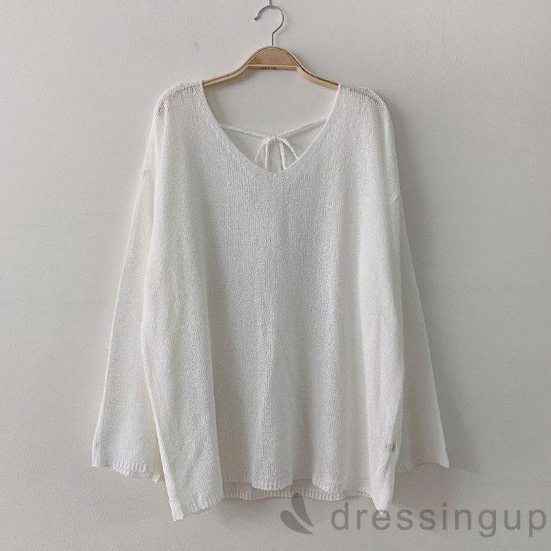 DRE-Female Loose Tops, Solid Color V-Neck Long Sleeve Tie-Up Knitted Blouse Pullover for Spring Summer, White/Black