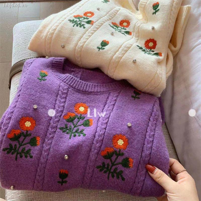 سÁo sweater dệt kim chui đầu cổ tròn thêu hoa cổ điển mùa thu/ đông mới 2021 cho nữ | BigBuy360 - bigbuy360.vn