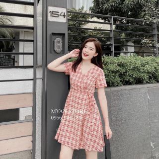 Váy kẻ caro cột eo mầu hồng cam