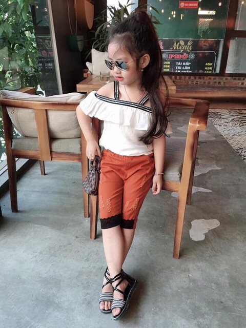 BỘ Áo đũi 2 dây + Quần kaki phối ren thời trang cho bé gái - b2dad