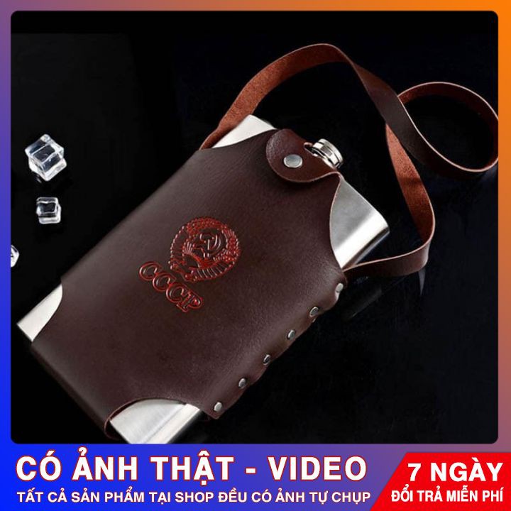 Bình đựng rượu ⭐️ BỀN ĐẸP ⭐️Bình đựng nước inox CCCP 2 lít, dày 0.6 mm không han rỉ, có dây deo và ốp da - Tặng kèm phễu