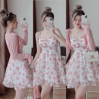 Sét 2 món áo khoác tay dài kèm đầm voan hoa hai dây nhún ngực đính cườm xinh xắn dễ thương (có mút)