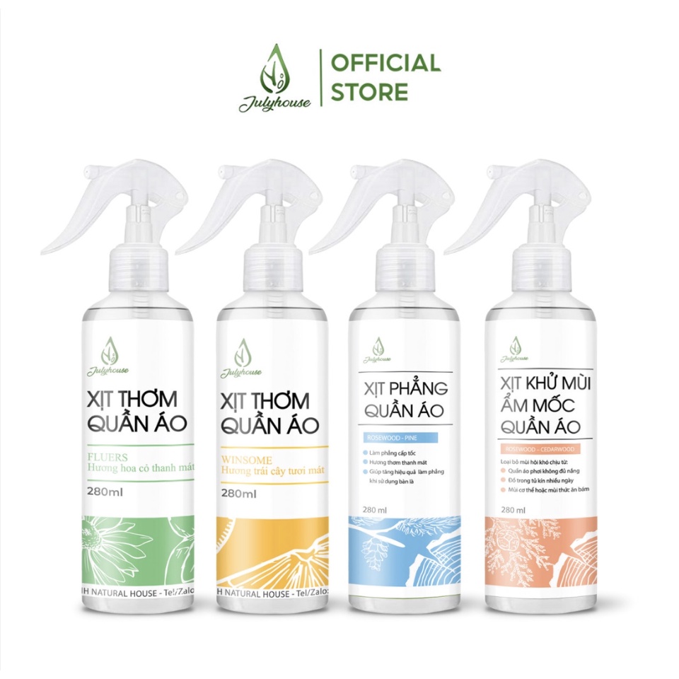 Xịt thơm quần áo JULYHOUSE 20ml/280ml chiết xuất tinh dầu thiên nhiên thơm mát