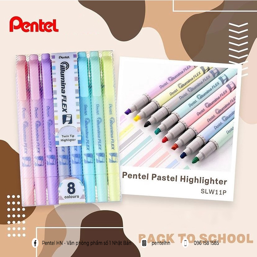 Bộ 8 Bút Dạ Quang 2 Đầu Pentel Màu Pastel SLW11P | Nét Bút Trơn, Mực Ra Đều, Nhanh Khô Không Nhòe