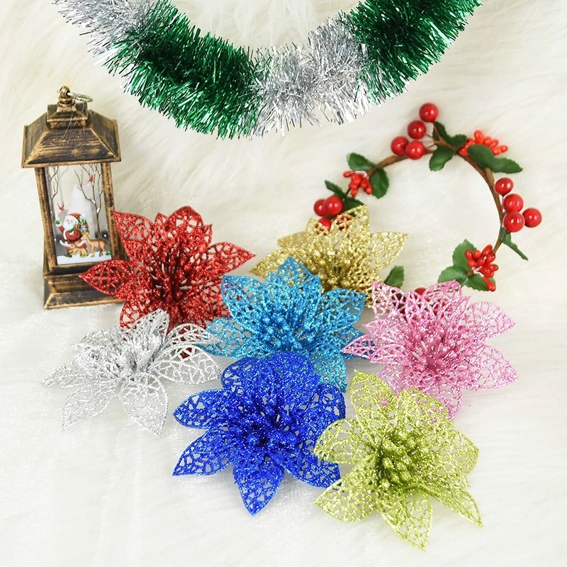 Set 5 Bông Hoa Nhựa Lấp Lánh Trang Trí Giáng Sinh / Năm Mới DIY
