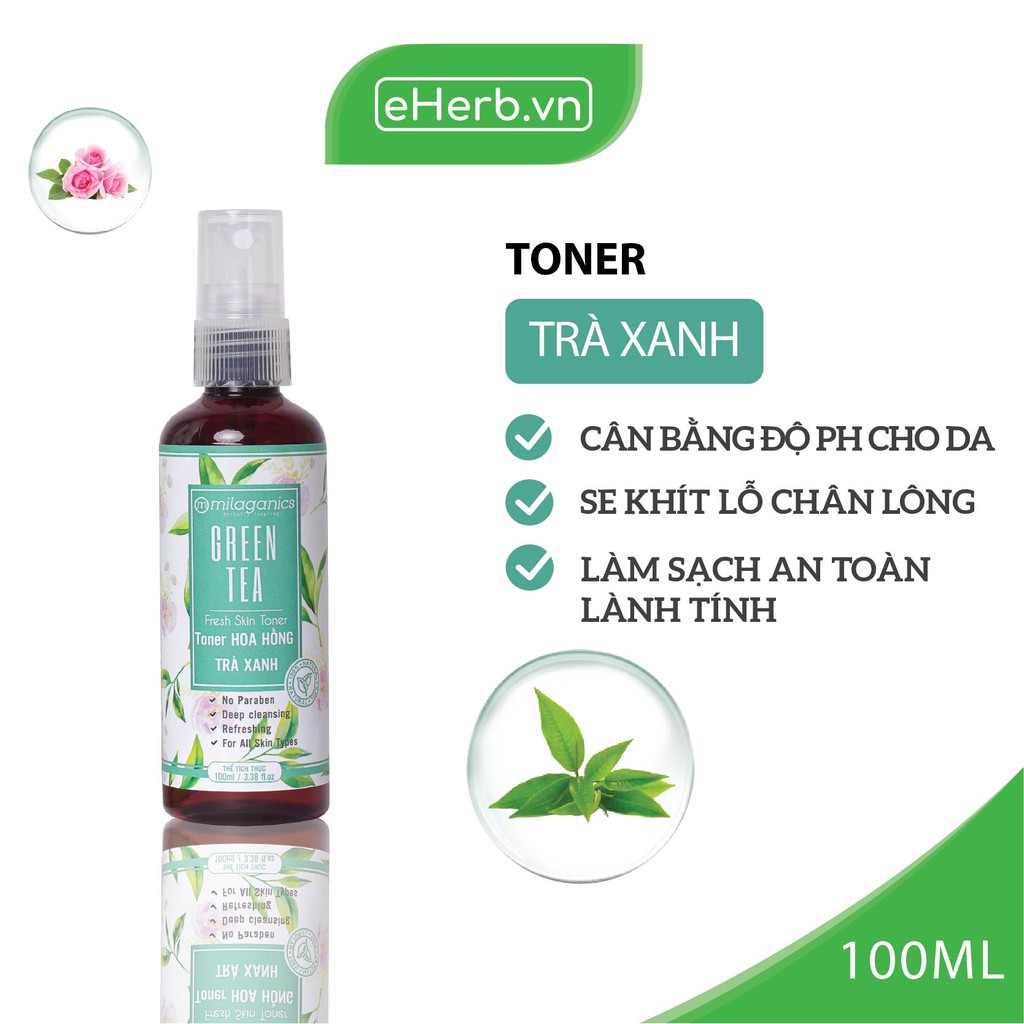 Toner Trà Xanh Cân Bằng Độ PH, Se Khít Lỗ Chân Lông & Phục Hồi Da Từ Chiết Xuất Trà Xanh MILAGANICS 100ml (Chai)