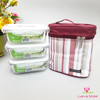 Bộ Hộp Cơm Thuỷ Tinh Lock&Lock LLG422S3 Túi Kẻ Sọc - Larva Store