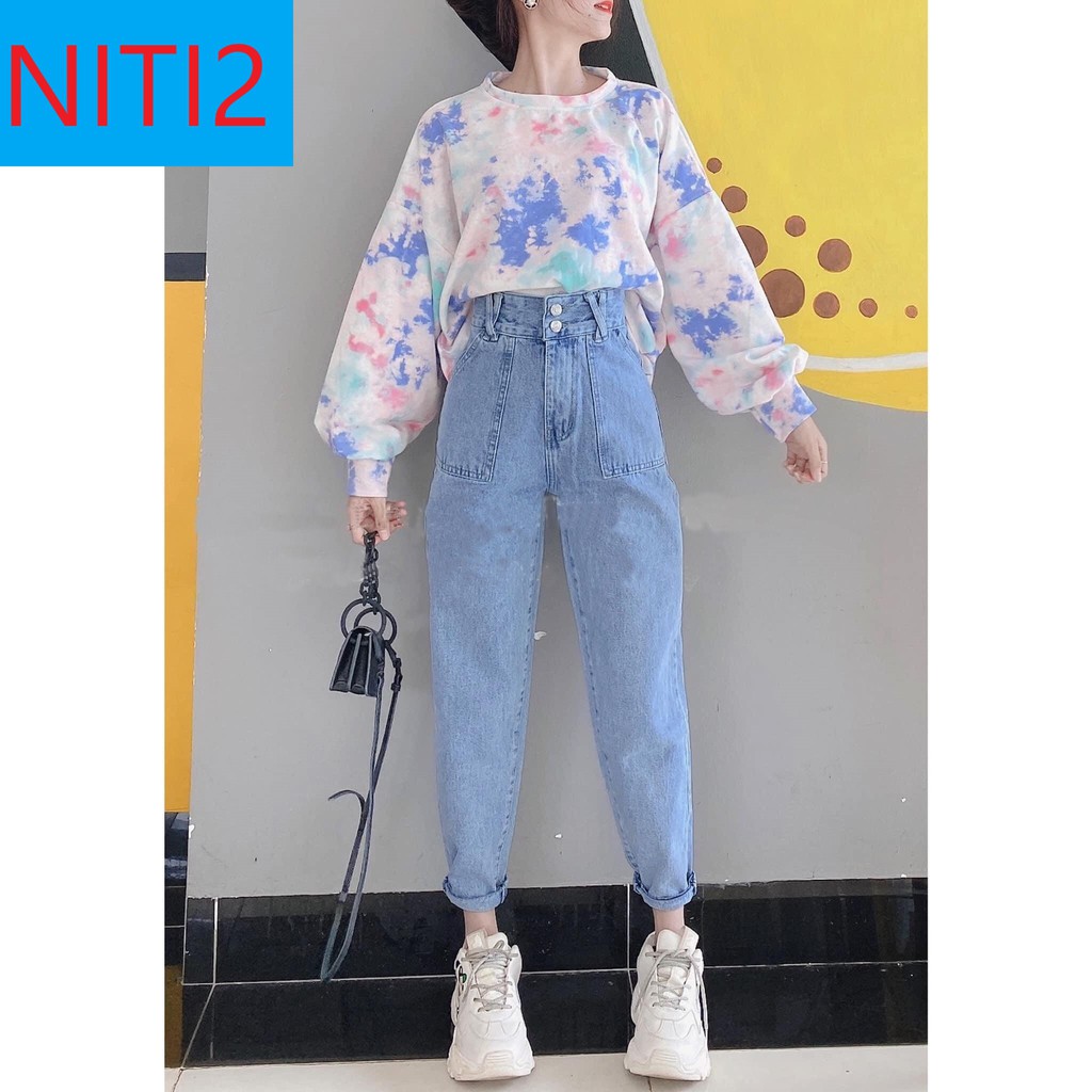 [ FREESHIP ] QUẦN BAGGY JEAN NỮ LƯNG CAO XANH NHẠT 2 NÚT 2 TÚI TRƯỚC ĐĨA CHÉO HOT TUYỆT VỜI ÔNG MẶT TRỜI CAO CẤP NITIQC