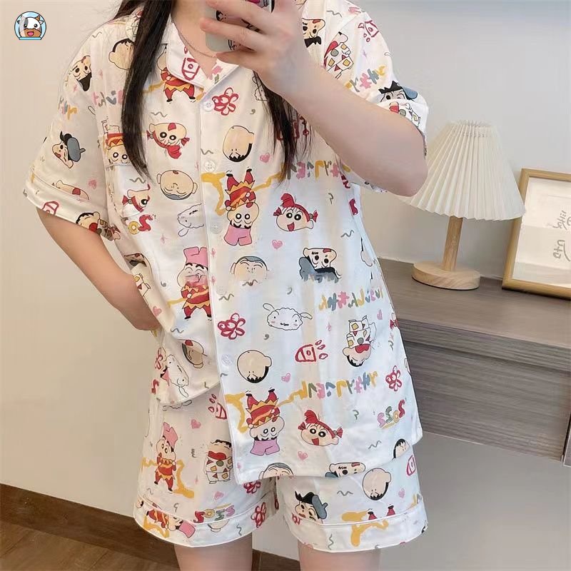 Bộ Đồ Ngủ Áo cardigan Tay Ngắn Phối Quần short Mỏng In Hoạt Hình Dễ Thương Thời Trang Mùa Hè Cho Nữ