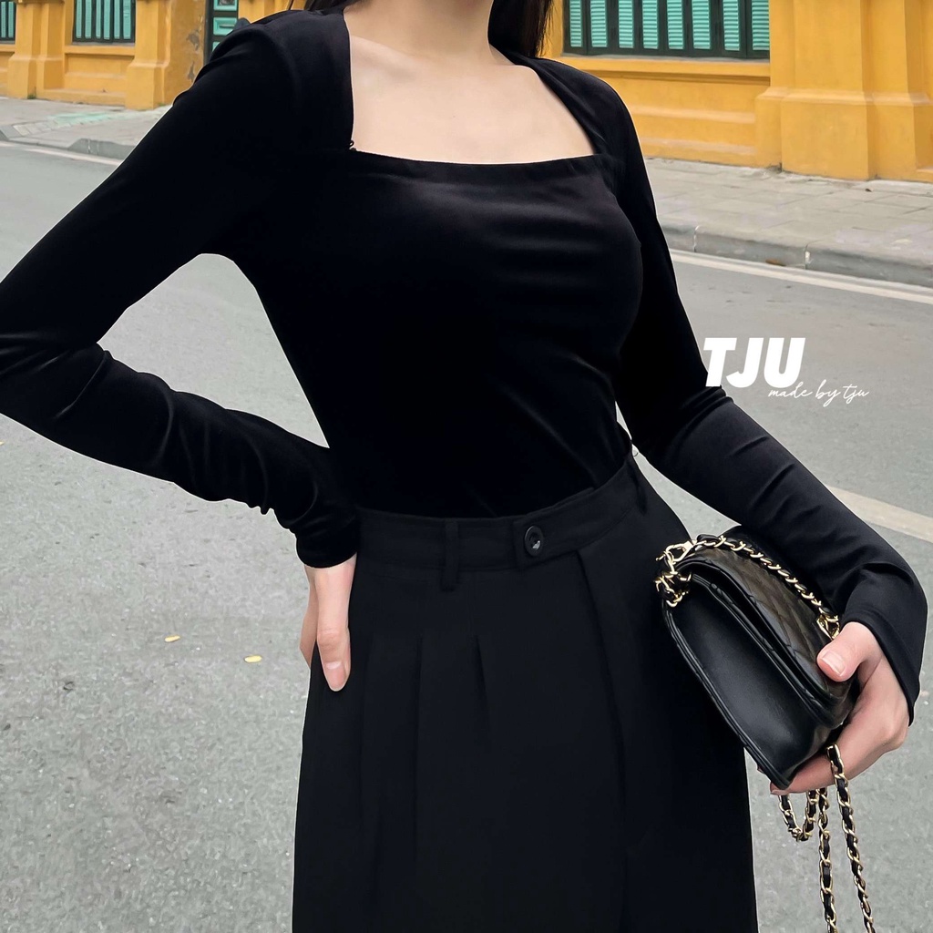 Áo nữ dài tay dáng ôm có đệm vai chất nhung ulzzang, Hàn Quốc, thiết kế T-Ju (áo Ara)