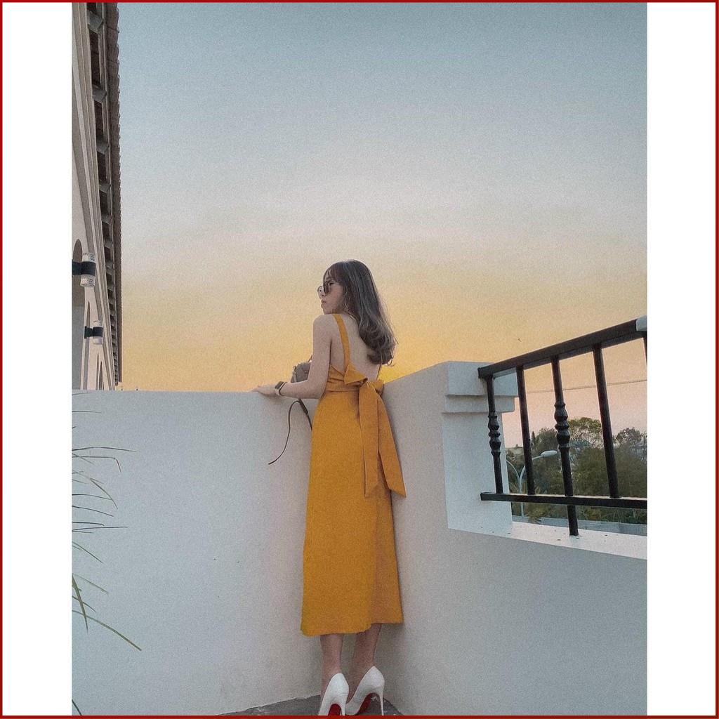 Đầm Maxi Đi Biển COBI Váy Maxi Hở Lưng Dài Qua Gối Cổ Vuông Màu Vàng Có Mút Ngực Đẹp Thời Trang Dưới 53kg | BigBuy360 - bigbuy360.vn