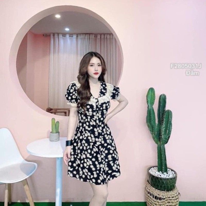 Đầm suông hoa cúc họa mi cổ viền bèo siêu xinh siêu hot