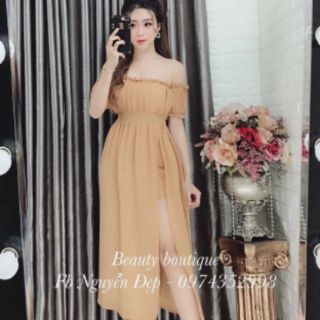Đầm maxi trễ vai xẻ tà uy