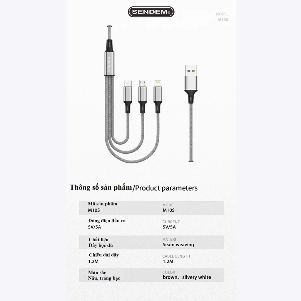 Cáp sạc 3 đầu M10s chính hãng SENDEM - Dây sạc 3 chân iPhone, Micro, Type C siêu bền - Bảo hành 12 tháng