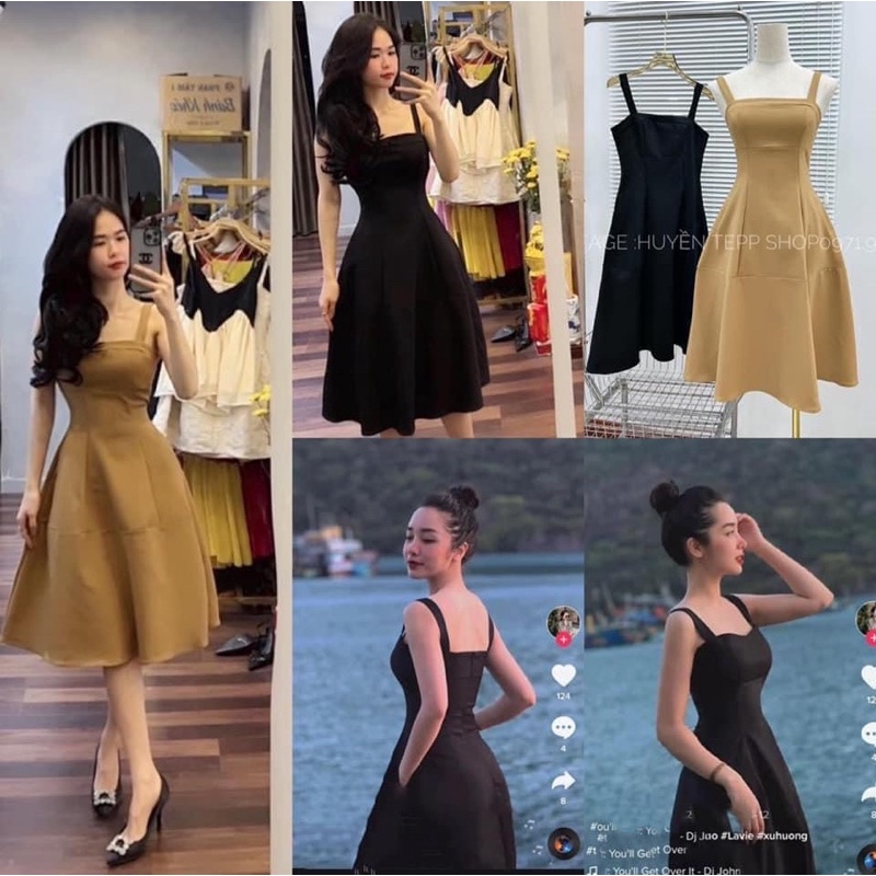 Váy 2 dây bản to phối túi