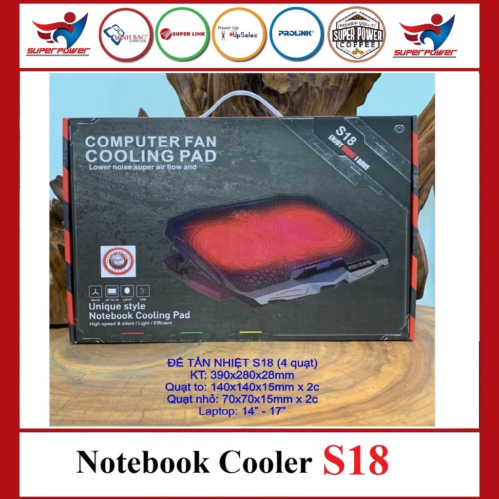 Đế tản nhiệt laptop, Đế tản nhiệt S18 COOLER 4 quạt mạnh mẽ, ổn định, chống ồn, dòng cao cấp