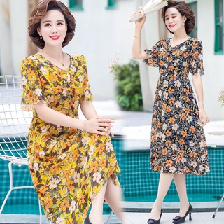 Váy liền cho mẹ trung niên, váy hoa voan ngắn tay mùa hè cho nữ